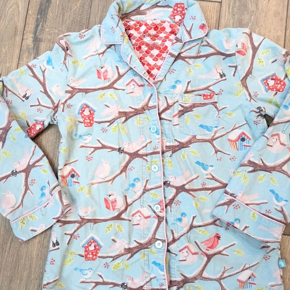NICK & NORA Birds Pajama Top Size S Christmas Holiday Cardinal birdhouse blue pj